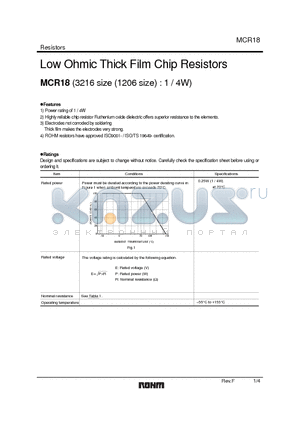 MCR18EZHJL datasheet - Low Ohmic Thick Film Chip Resistors