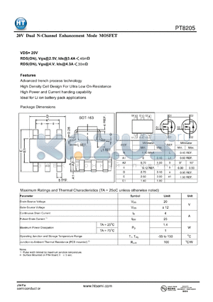PT8205 datasheet - 20 V Dual N-Channel Enhancement Mode MOSFET
