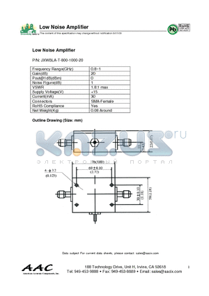 JXWBLA-T-800-1000-20 datasheet - Low Noise Amplifier