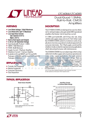 LTC6084CMS8-PBF datasheet - Dual/Quad 1.5MHz, Rail-to-Rail, CMOS Amplifi ers