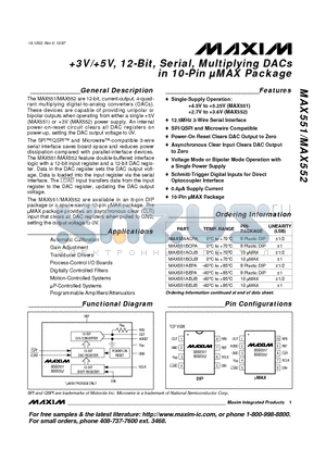 MAX552 datasheet - 3V/5V, 12-Bit, Serial, Multiplying DACs in 10-Pin lMAX Package