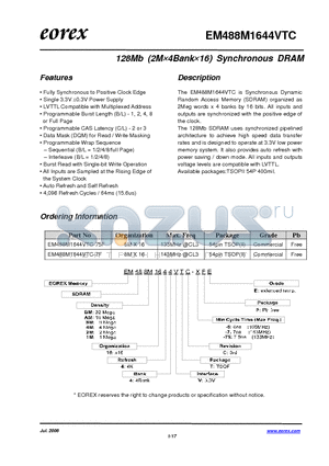 EM488M1644VTC-75FE datasheet - 128Mb (2M4Bank16) Synchronous DRAM