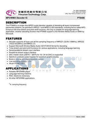 PT8406-LQ datasheet - MP3/WMA Decoder IC