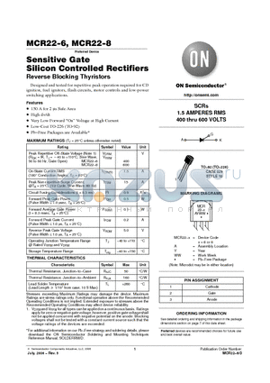 MCR22-6G datasheet - Sensitive Gate Silicon Controlled Rectifiers Reverse Blocking Thyristors