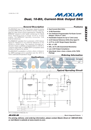 MAX5547ETA+ datasheet - Dual, 10-Bit, Current-Sink Output DAC