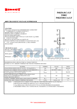 P6KE22C-LF datasheet - 600W TRANSIENT VOLTAGE SUPPRESSOR
