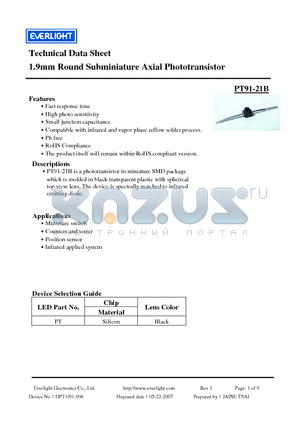 PT91-21B datasheet - 1.9mm Round Subminiature Axial Phototransistor