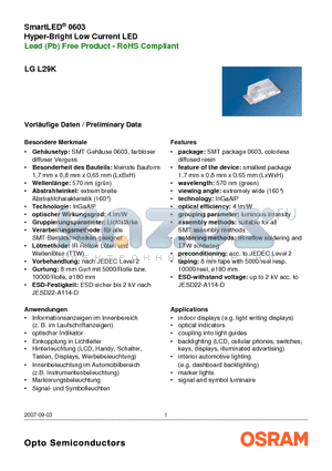 LGL29K-G2J1-24 datasheet - SmartLED^ 0603 Hyper-Bright Low Current LED Lead (Pb) Free Product - RoHS Compliant