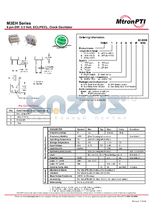 M3EH18ZPA datasheet - 8 pin DIP, 3.3 Volt, ECL/PECL, Clock Oscillator