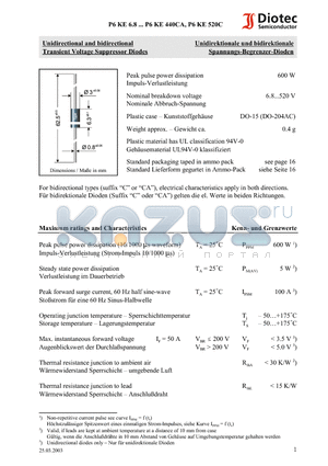 P6KE24 datasheet - Unidirectional and bidirectional Transient Voltage Suppressor Diodes