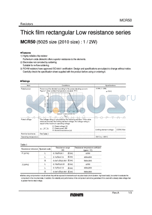 MCR50JZHJS datasheet - Thick film rectangular Low resistance series