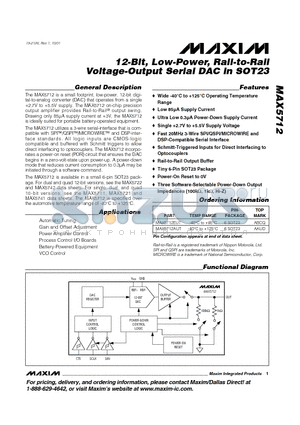 MAX5712AUT datasheet - 12-Bit, Low-Power, Rail-to-Rail Voltage-Output Serial DAC in SOT23