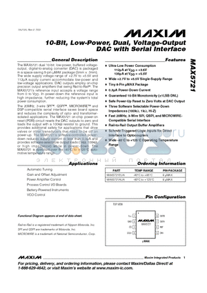 MAX5721EUA datasheet - 10-Bit, Low-Power, Dual, Voltage-Output DAC with Serial Interface