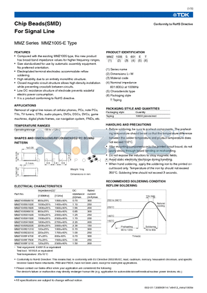 MMZ1005A182E datasheet - Chip Beads(SMD) For Signal Line