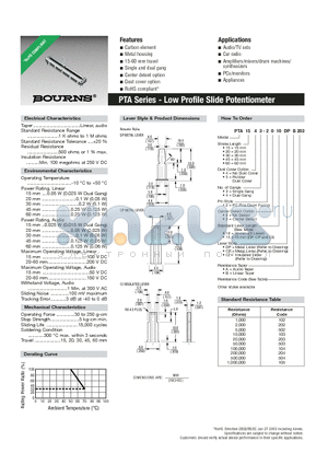 PTA1543-2015DPB203 datasheet - Low Profile Slide Potentiometer