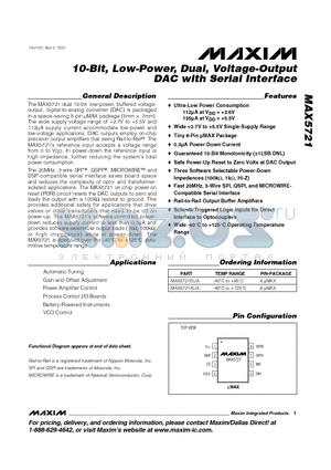 MAX5721 datasheet - 10-Bit, Low-Power, Dual, Voltage-Output DAC with Serial Interface