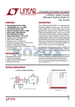 LTC6257 datasheet - 6.5MHz, 65lA Power Efficient Rail-to-Rail I/O Op Amps