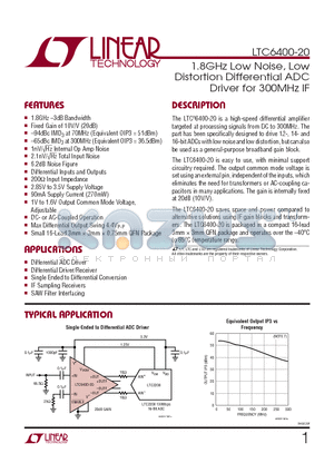 LTC6400-20 datasheet - 1.8GHz Low Noise, Low Distortion Differential ADC Driver for 300MHz IF