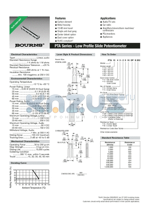 PTA1553-2010DPA203 datasheet - Low Profile Slide Potentiometer