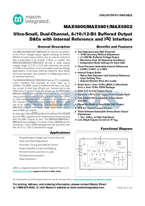 MAX5800 datasheet - Ultra-Small, Dual-Channel, 8-/10-/12-Bit Buffered Output DACs with Internal Reference and I2C Interface