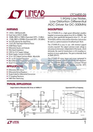 LTC6400-26 datasheet - 1.9GHz Low Noise, Low Distortion Differential ADC Driver for DC-300MHz