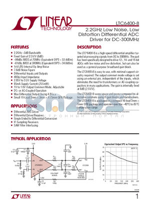 LTC6400-8 datasheet - 2.2GHz Low Noise, Low Distortion Differential ADC Driver for DC-300MHz