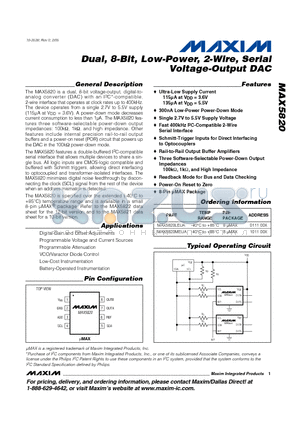 MAX5820MEUA datasheet - Dual, 8-Bit, Low-Power, 2-Wire, Serial Voltage-Output DAC