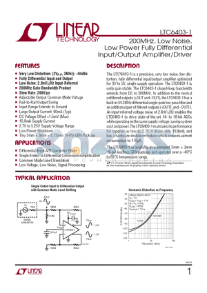 LTC6403IUD-1-TRPBF datasheet - 200MHz, Low Noise, Low Power Fully Differential Input/Output Amplifi er/Driver