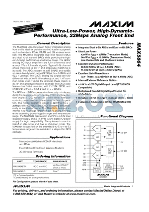 MAX5864 datasheet - Ultra-Low-Power, High-Dynamic- Performance, 22Msps Analog Front End
