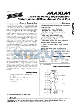 MAX5866 datasheet - Ultra-Low-Power, High-Dynamic- Performance, 60Msps Analog Front End