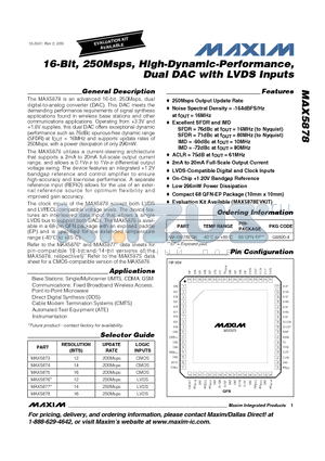 MAX5878 datasheet - 16-Bit, 250Msps, High-Dynamic-Performance, Dual DAC with LVDS Inputs