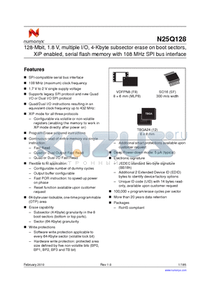 N25Q128A11BSFA0F datasheet - 128-Mbit, 1.8 V, multiple I/O, 4-Kbyte subsector erase on boot sectors, XiP enabled, serial flash memory with 108 MHz SPI bus interface