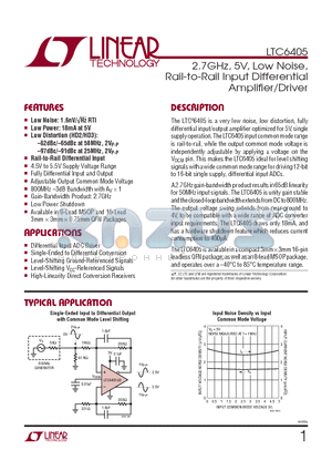 LTC6405CUD-TRPBF datasheet - 2.7GHz, 5V, Low Noise, Rail-to-Rail Input Differential Amplifi er/Driver