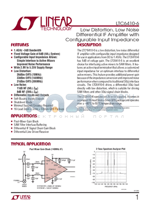 LTC6410CUD-6-PBF datasheet - Low Distortion, Low Noise Differential IF Amplifi er with Confi gurable Input Impedance