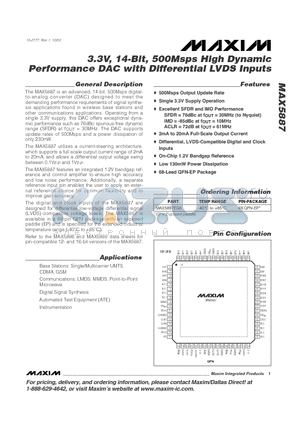 MAX5887EGK datasheet - 3.3V, 14-Bit, 500Msps High Dynamic Performance DAC with Differential LVDS Inputs