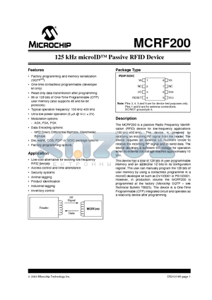 MCRF200I/1M00A datasheet - 125 kHz microID Passive RFID Device