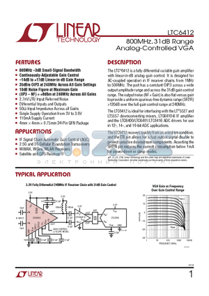 LTC6412 datasheet - 800MHz, 31dB Range Analog-Controlled VGA