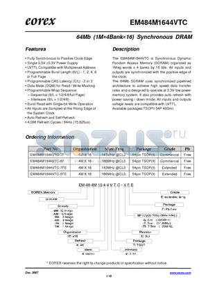 EM48BM1644VTC-75FE datasheet - 64Mb (1M4Bank16) Synchronous DRAM