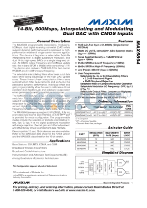 MAX5894 datasheet - 14-Bit, 500Msps, Interpolating and Modulating Dual DAC with CMOS Inputs