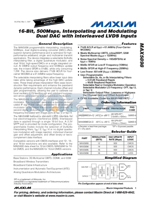 MAX5898EGK-D datasheet - 16-Bit, 500Msps, Interpolating and Modulating Dual DAC with Interleaved LVDS Inputs