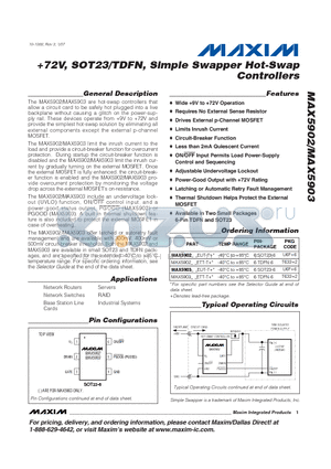 MAX5902AAEUT datasheet - 72V, SOT23/TDFN, Simple Swapper Hot-Swap Controllers
