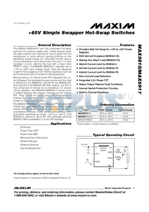 MAX5910ESA datasheet - 65V Simple Swapper Hot-Swap Switches