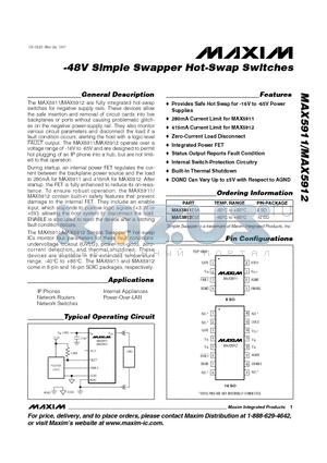 MAX5911 datasheet - -48V Simple Swapper Hot-Swap Switches