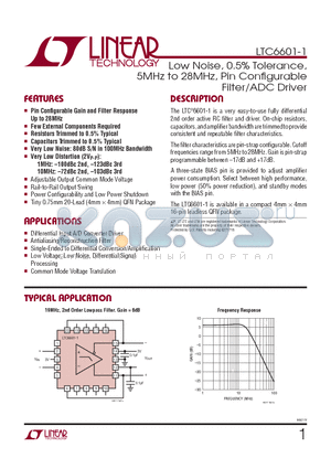 LTC6601-1 datasheet - Low Noise, 0.5% Tolerance, 5MHz to 28MHz, Pin Confi gurable Filter/ADC Driver