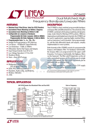 LTC6602 datasheet - Dual Matched, High Frequency Bandpass/Lowpass Filters