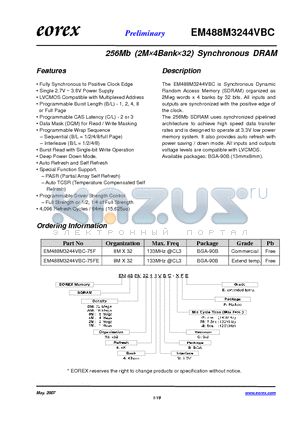 EM48BM3244VBC-7FE datasheet - 256Mb (2M4Bank32) Synchronous DRAM