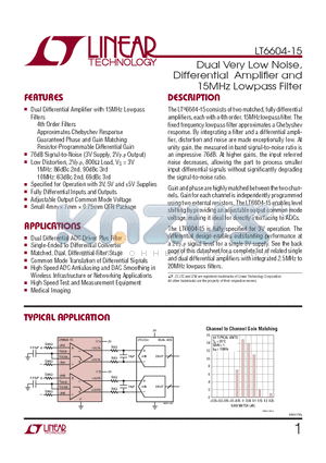 LTC6604CUFF-15-TRPBF datasheet - Dual Very Low Noise, Differential Amplifi er and 15MHz Lowpass Filter