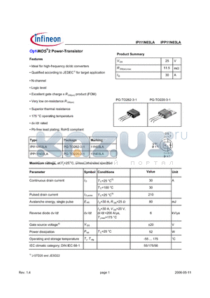 IPP11N03LA datasheet - OptiMOS^2 Power-Transistor