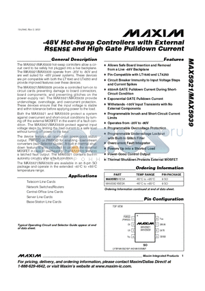 MAX5921 datasheet - -48V Hot-Swap Controllers with External RSENSE and High Gate Pulldown Current