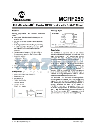 MCRF250-I/SN datasheet - 125 kHz microID Passive RFID Device with Anti-Collision